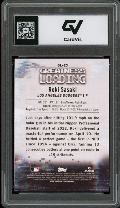 2025 Bowman #GL-23 Roki Sasaki Greatness Loading Graded 10 Gem Mint - Back
