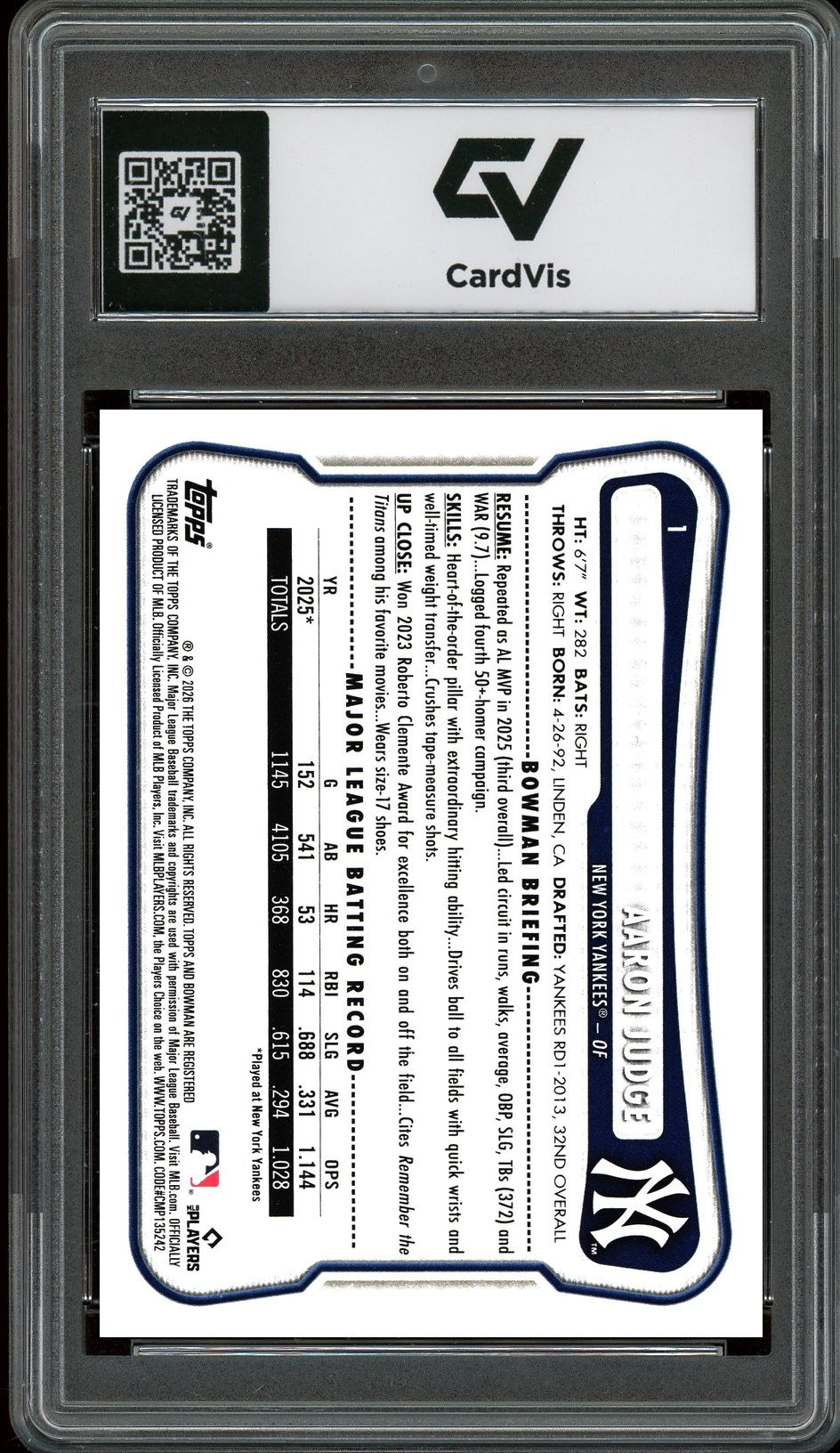 2026 Bowman #1 Aaron Judge Graded 10 Gem Mint - Back
