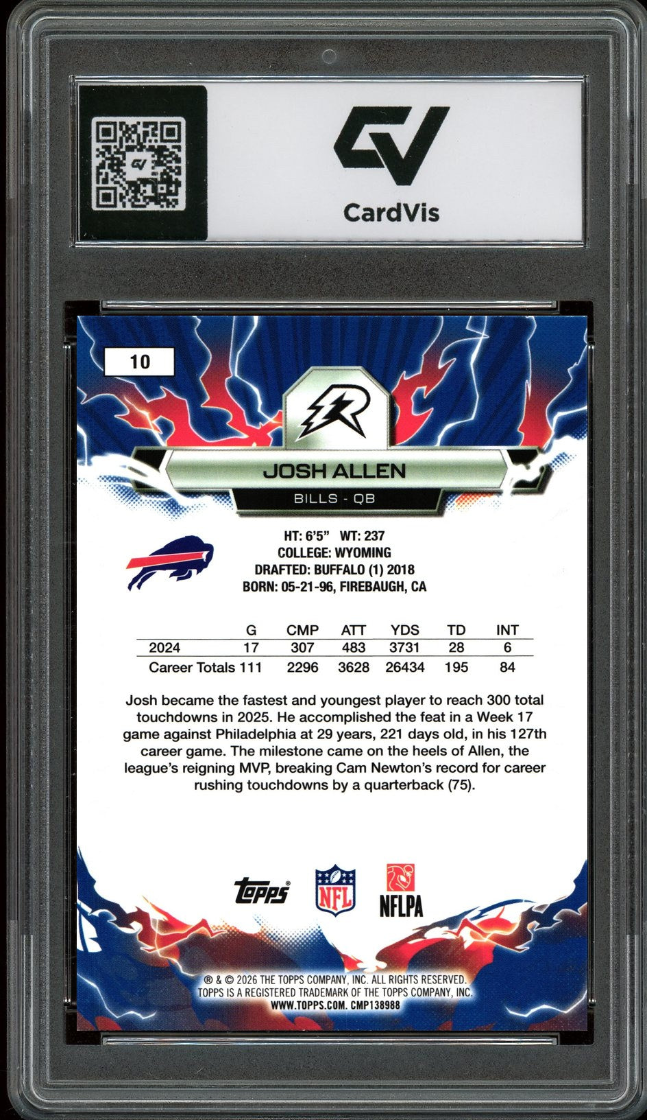 2026 Topps Resurgence #10 Josh Allen Graded 10 Gem Mint - Back