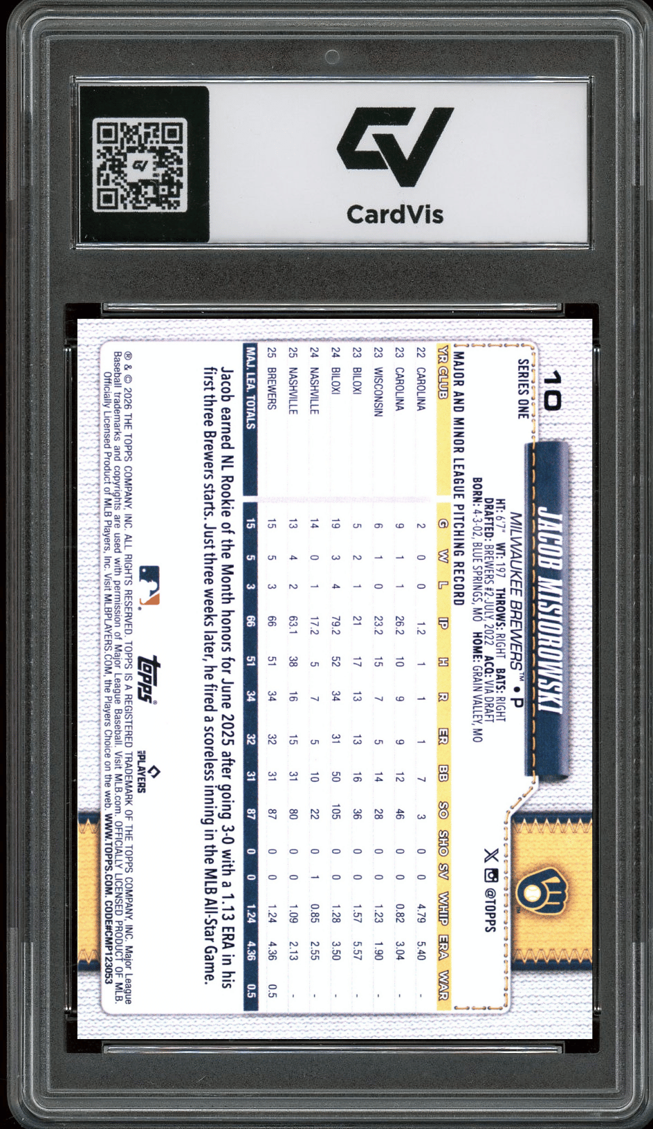 2026 Topps #10 Jacob Misiorowski Graded 10 Gem Mint - Back