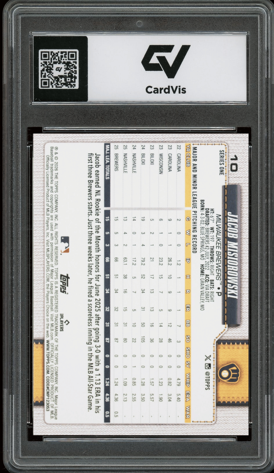 2026 Topps #10 Jacob Misiorowski Spring Training Graded 10 Gem Mint - Back