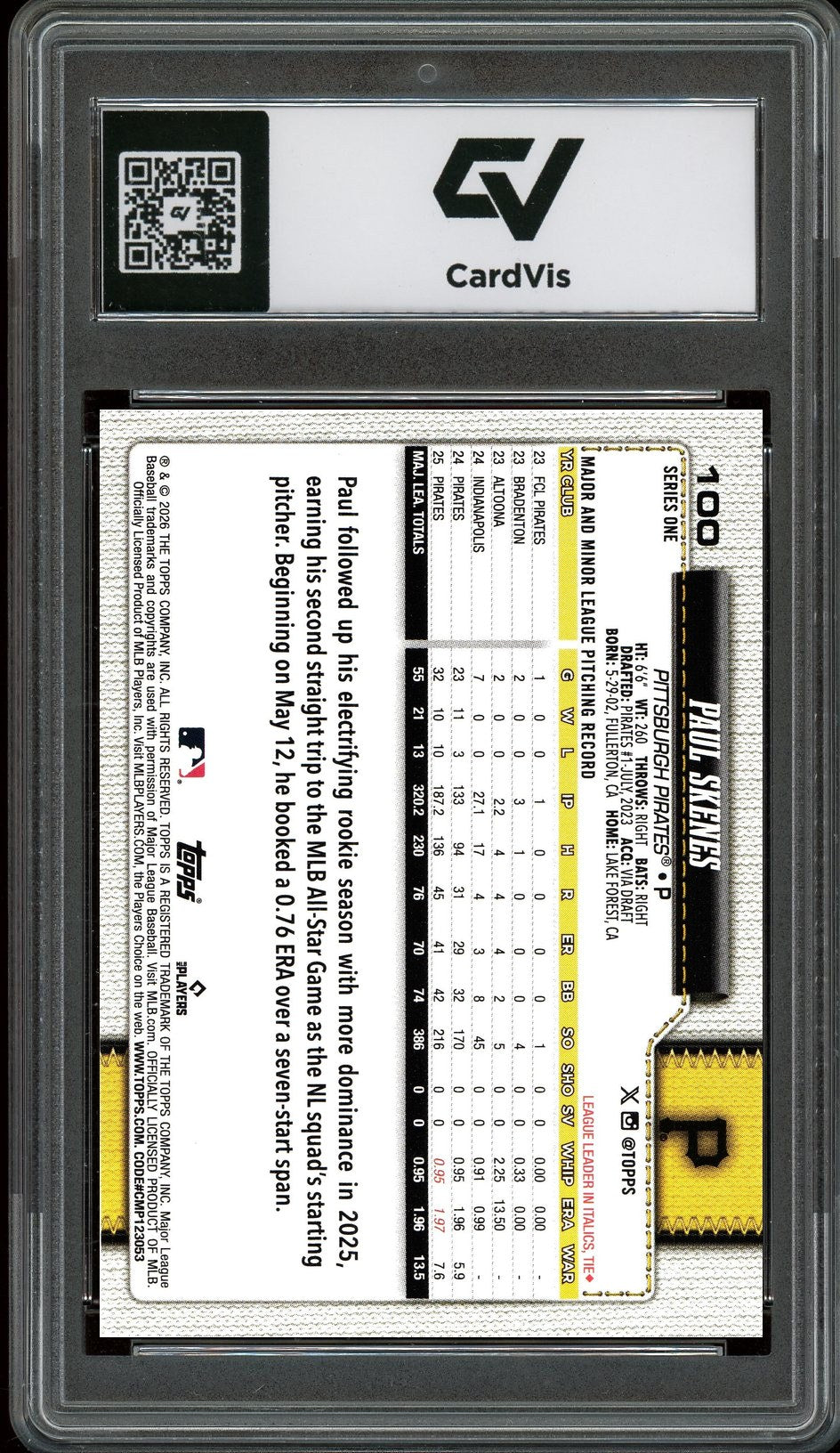 2026 Topps #100 Paul Skenes Graded 10 Gem Mint - Back