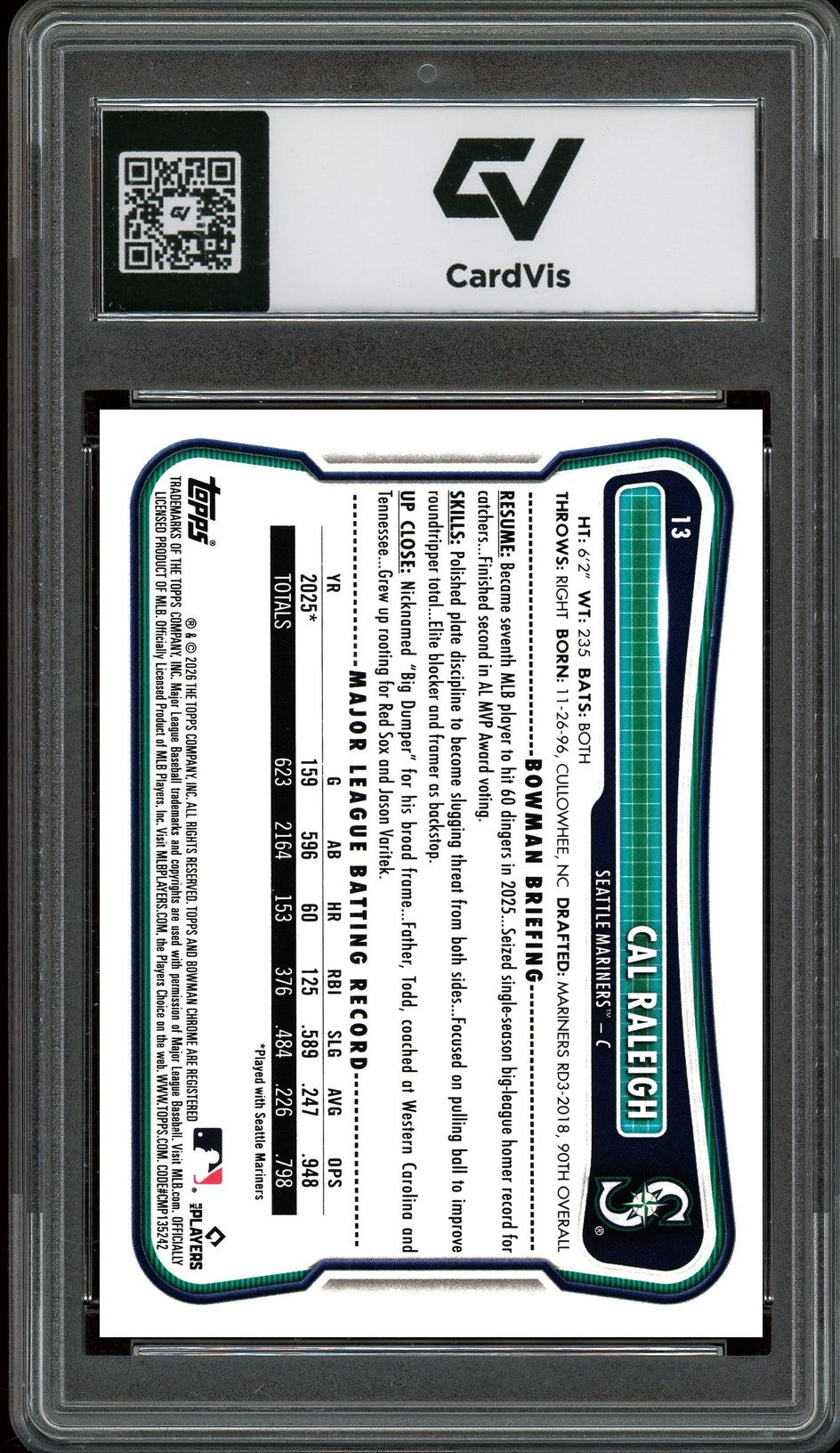 2026 Bowman #13 Cal Raleigh Graded 10 Gem Mint - Back