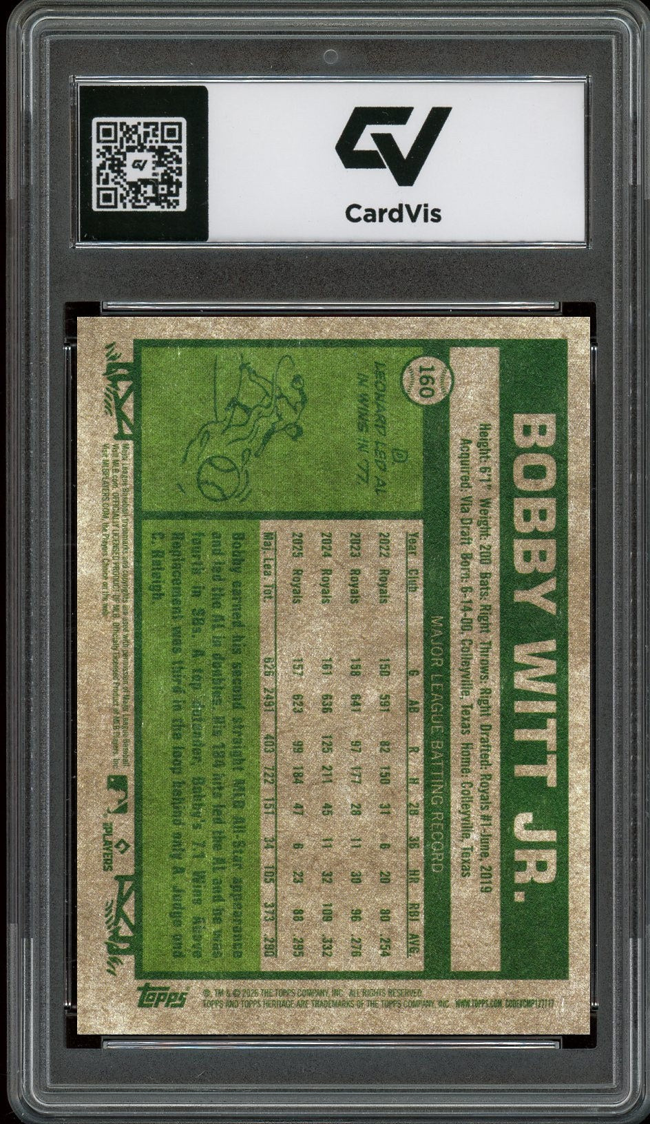 2026 Topps Heritage #160 Bobby Witt Jr. Graded 10 Gem Mint - Back