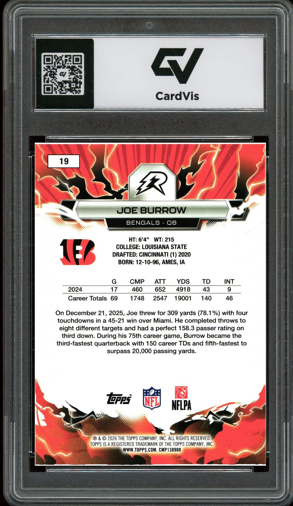2026 Topps Resurgence #19 Joe Burrow Graded 10 Gem Mint - Back