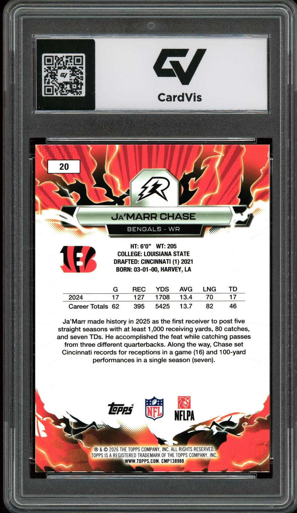 2026 Topps Resurgence #20 Ja'Marr Chase Graded 10 Gem Mint - Back