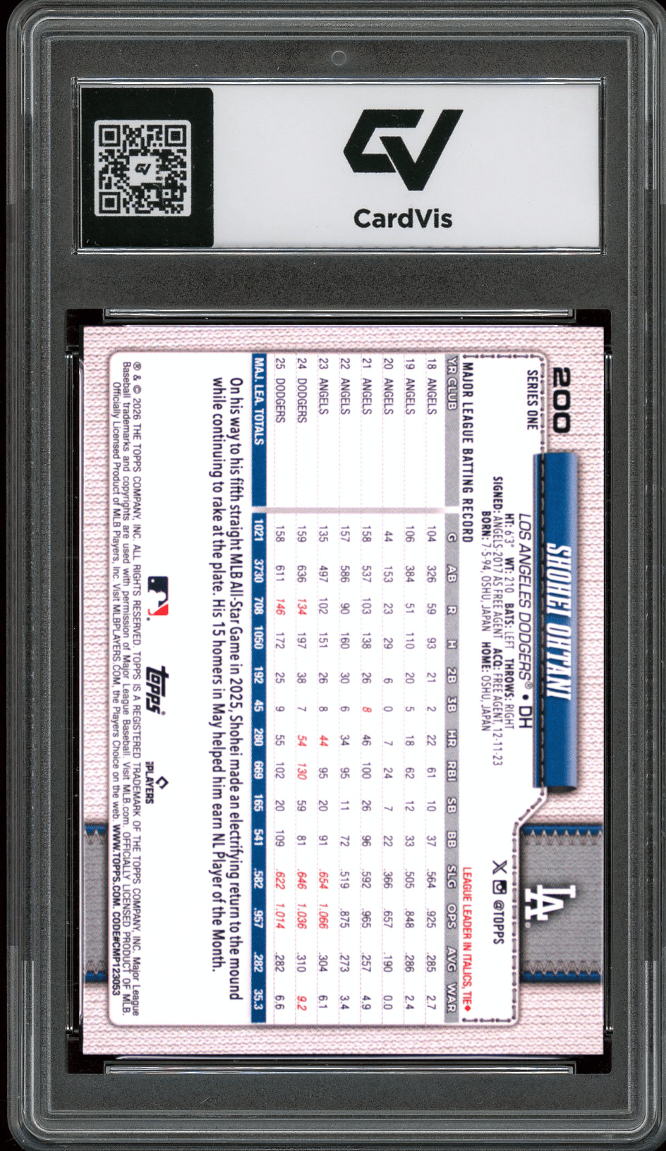 2026 Topps #200 Shohei Ohtani Graded 10 Gem Mint - Back