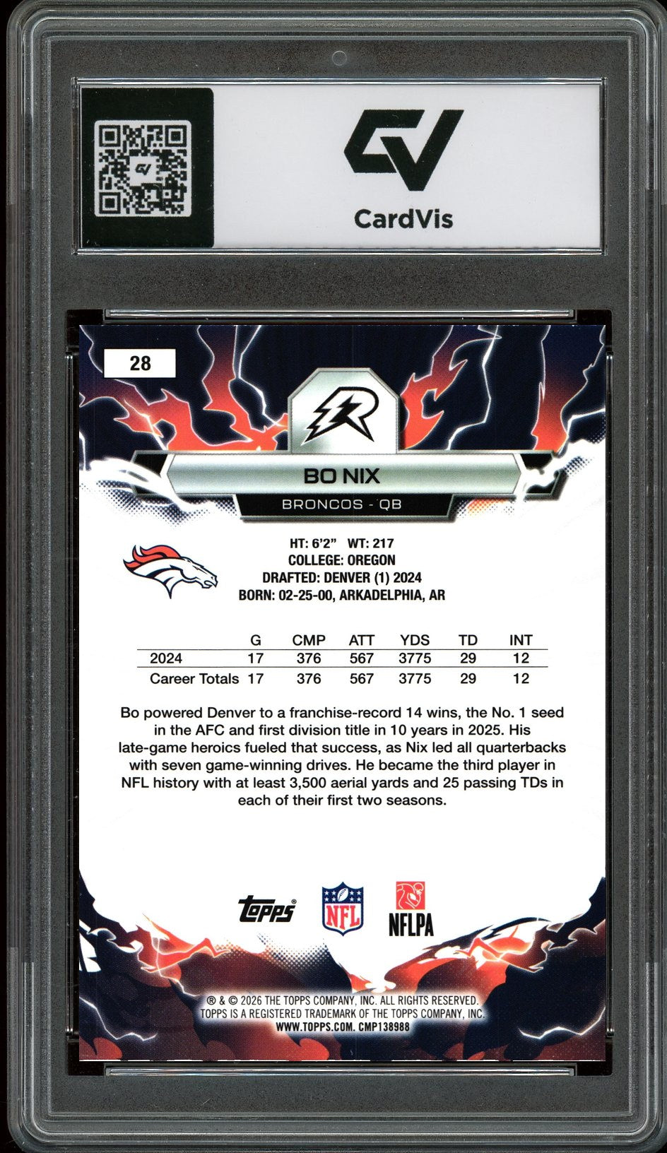 2026 Topps Resurgence #28 Bo Nix Graded 10 Gem Mint - Back