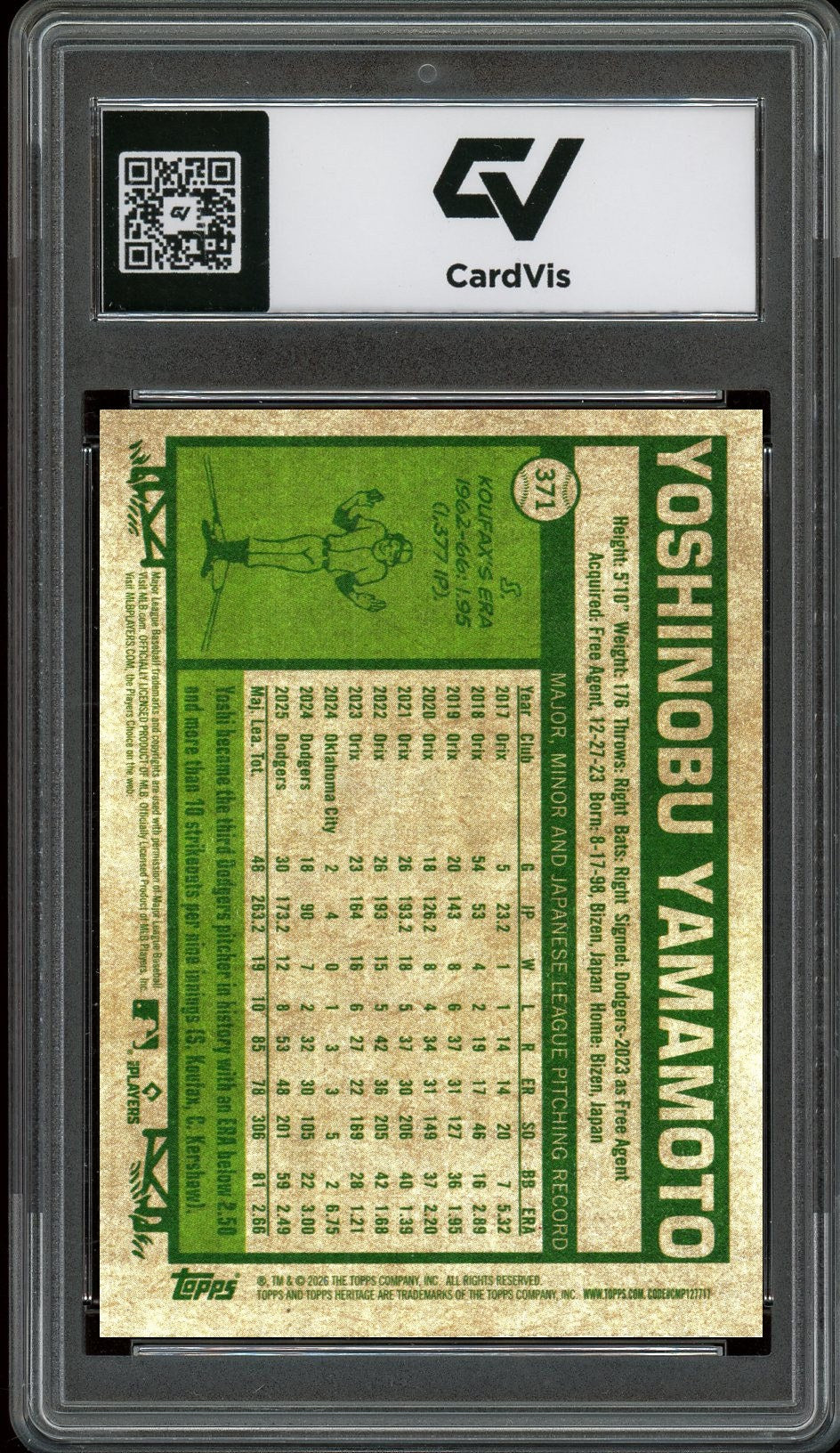 2026 Topps Heritage #371 Yoshinobu Yamamoto Graded 10 Gem Mint - Back