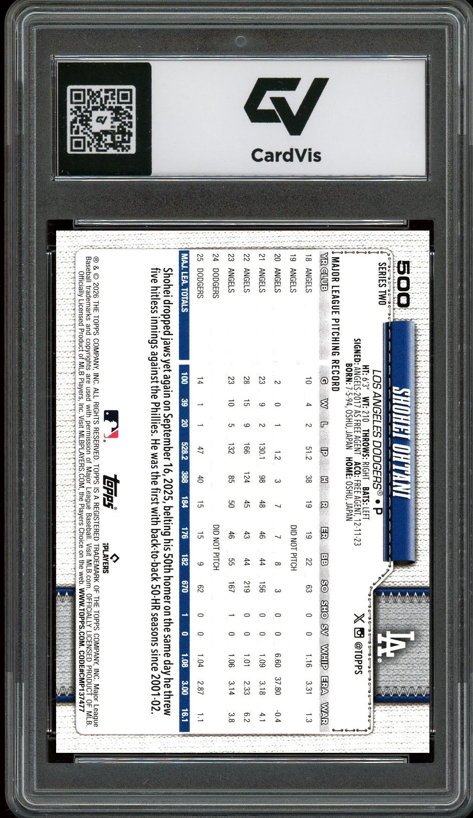 2026 Topps #500 Shohei Ohtani Series Two Graded 10 Gem Mint - Back