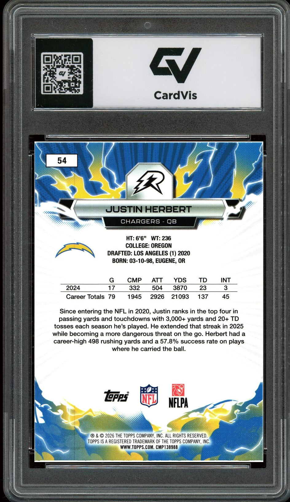 2026 Topps Resurgence #54 Justin Herbert Graded 10 Gem Mint - Back