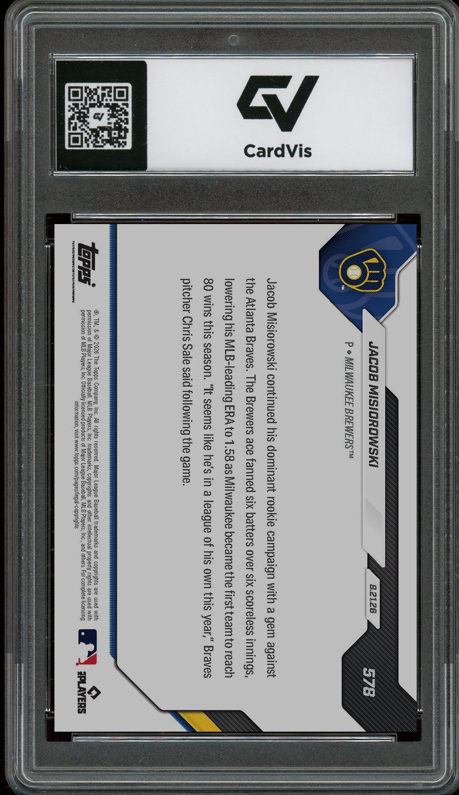 2026 Topps Now MLB #578 Jacob Misiorowski Graded 10 Gem Mint - Back