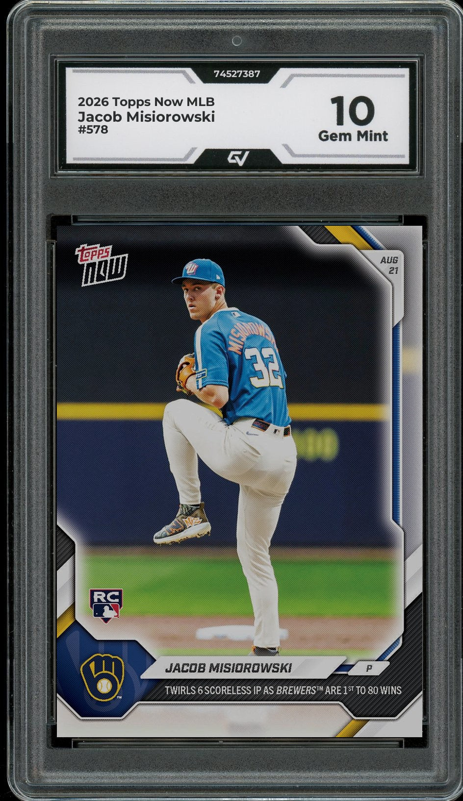 2026 Topps Now MLB #578 Jacob Misiorowski Graded 10 Gem Mint - Front