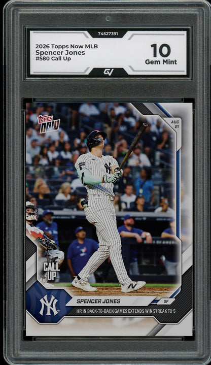 2026 Topps Now MLB #580 Spencer Jones Call Up Graded 10 Gem Mint - Front