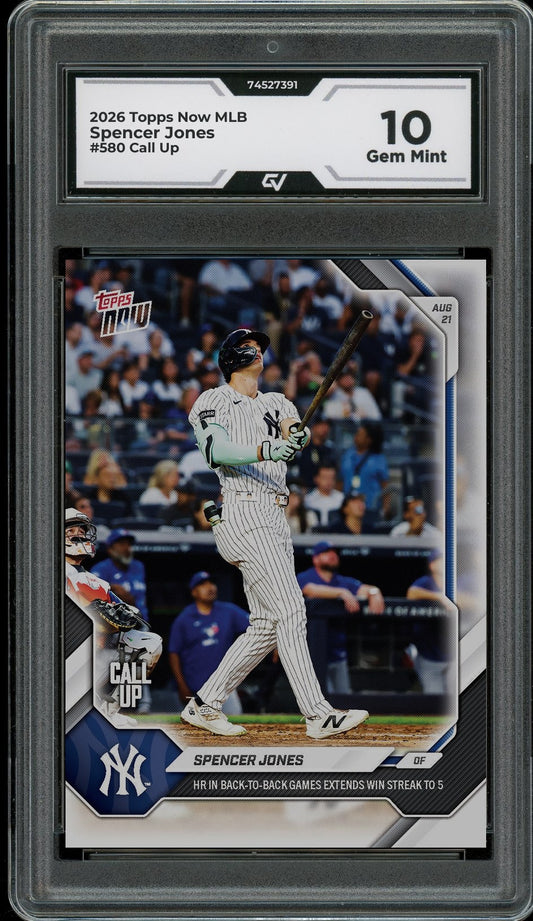 2026 Topps Now MLB #580 Spencer Jones Call Up Graded 10 Gem Mint - Front