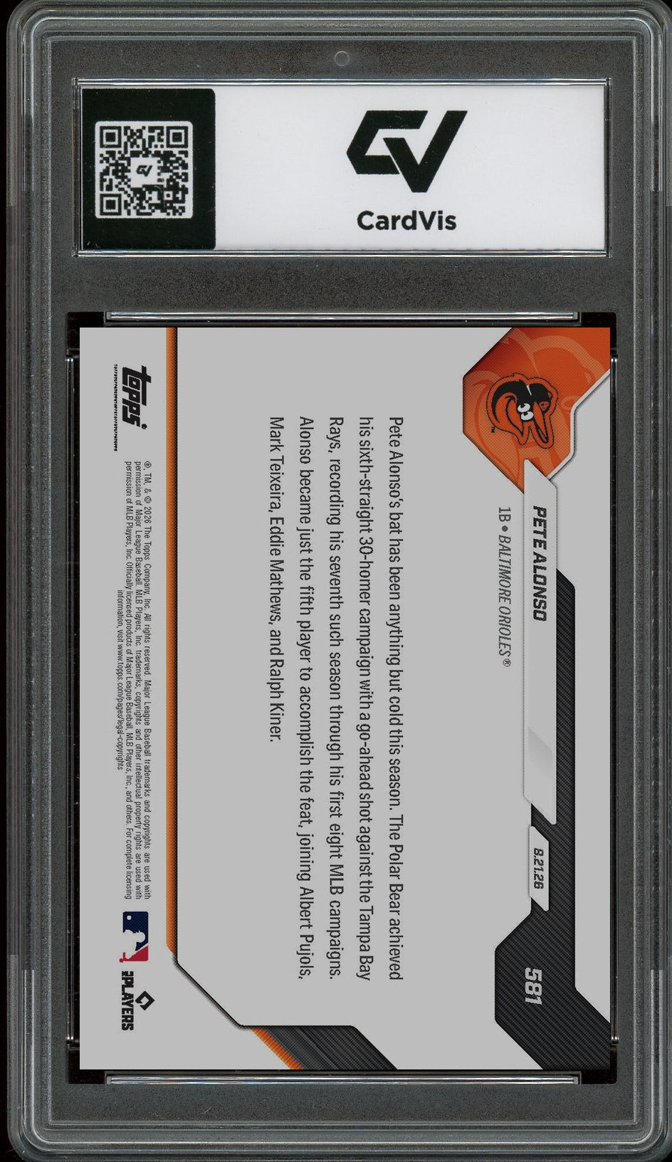 2026 Topps Now MLB #581 Pete Alonso Graded 10 Gem Mint - Back