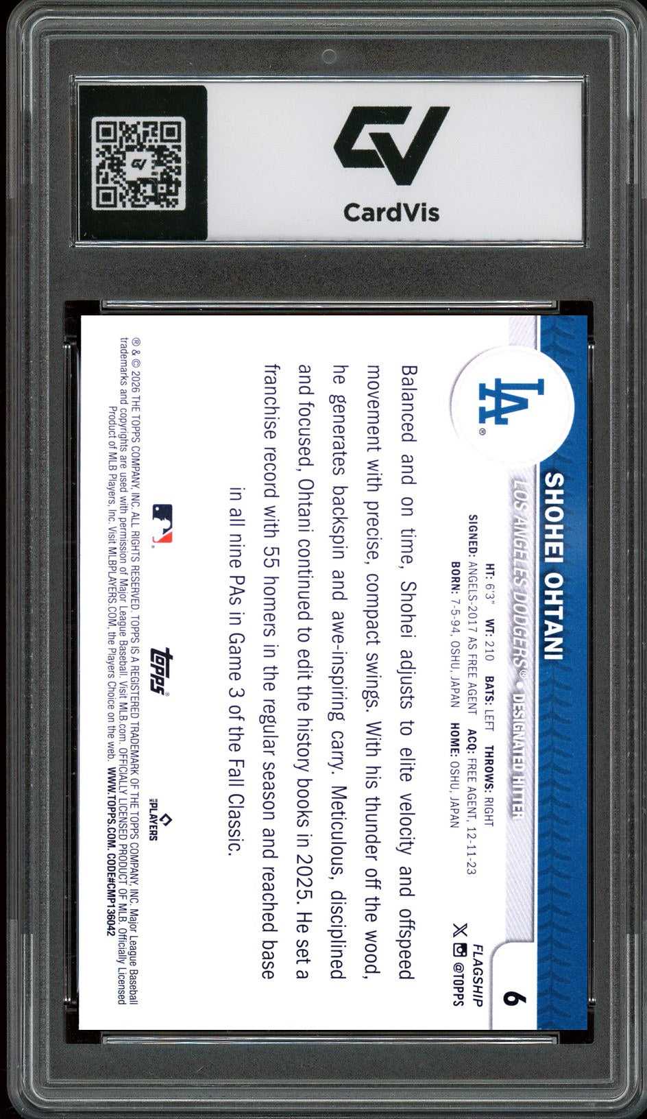 2026 Topps Flagship #6 Shohei Ohtani Graded 10 Gem Mint - Back