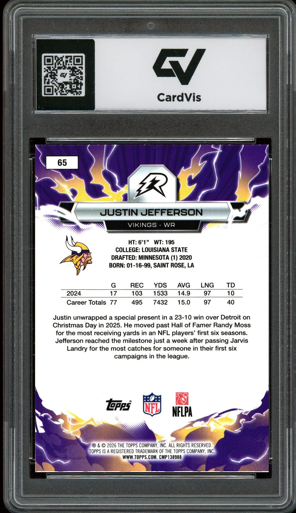 2026 Topps Resurgence #65 Justin Jefferson Graded 10 Gem Mint - Back