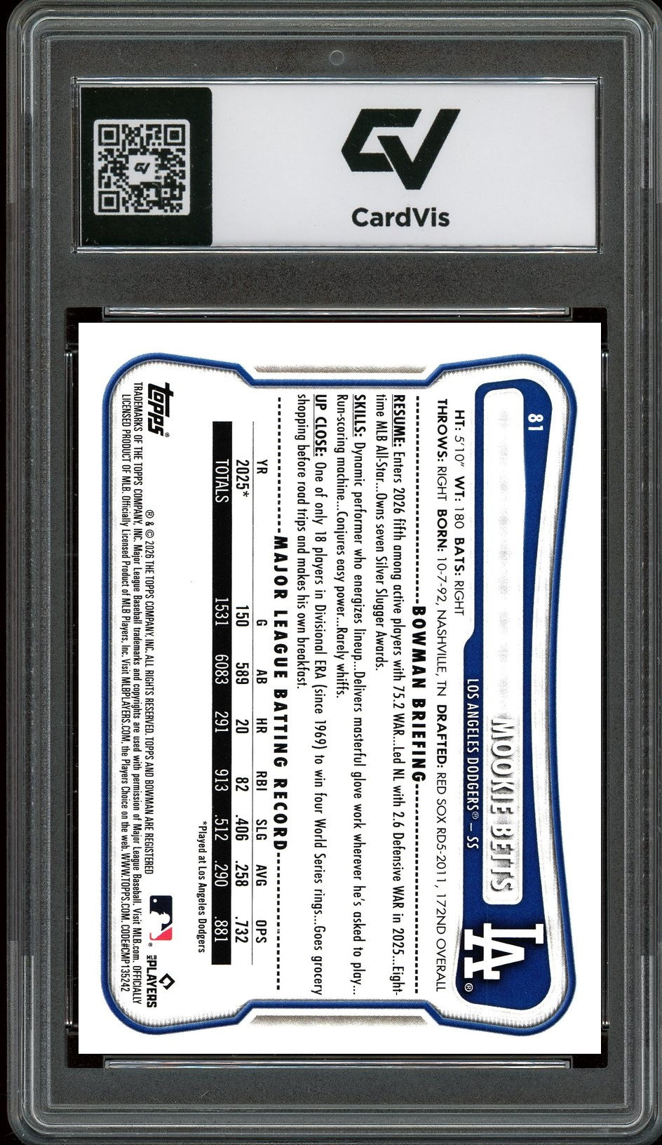 2026 Bowman #81 Mookie Betts Graded 10 Gem Mint - Back