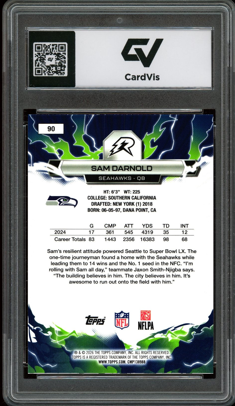 2026 Topps Resurgence #90 Sam Darnold Graded 10 Gem Mint - Back