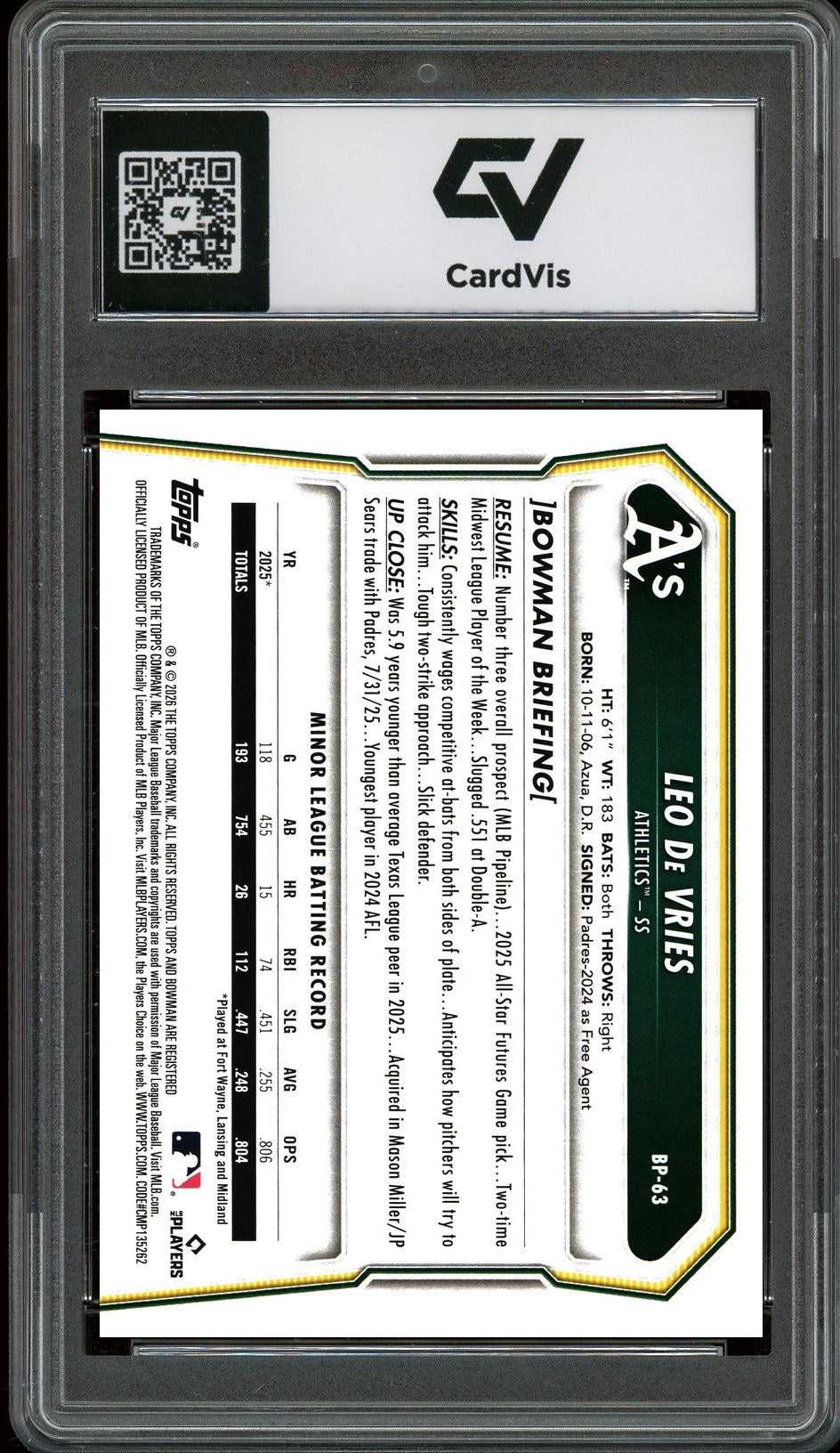 2026 Bowman #BP-63 Leo De Vries Graded 10 Gem Mint - Back