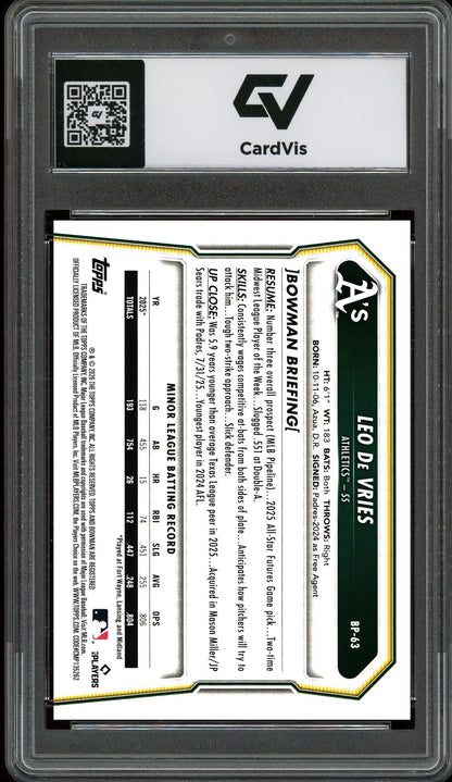 2026 Bowman #BP-63 Leo De Vries Graded 10 Gem Mint - Back