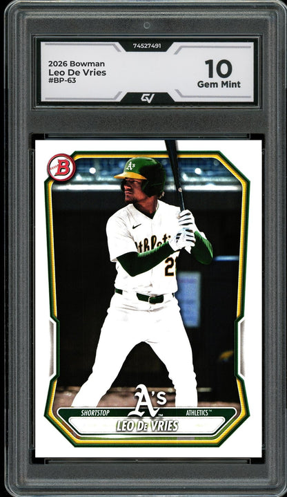 2026 Bowman #BP-63 Leo De Vries Graded 10 Gem Mint - Front