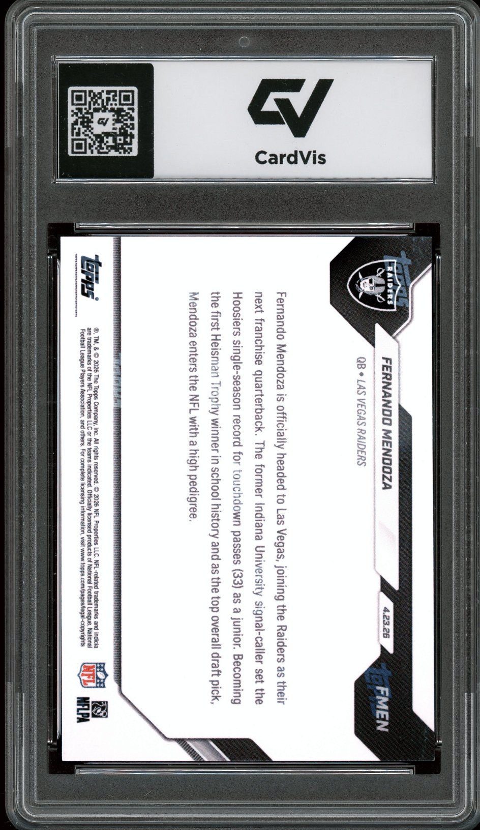 2026 Topps Now #FMEN Fernando Mendoza Graded 10 Gem Mint - Back