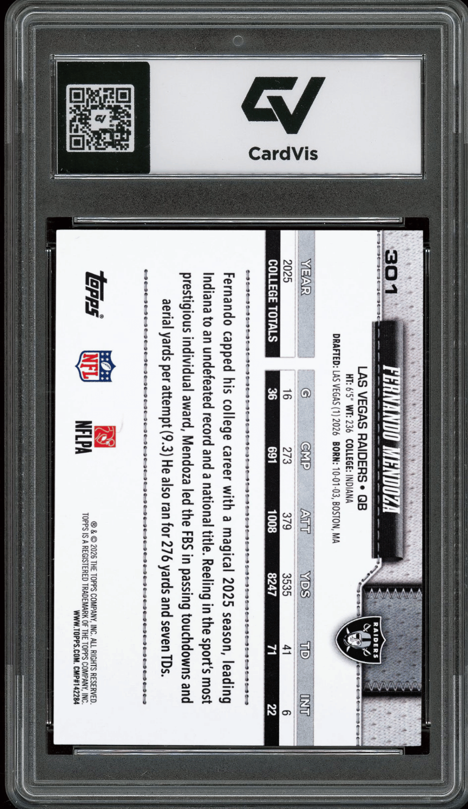 2026 Topps Flagship #301 Fernando Mendoza Rookie Card RC Graded 10 Gem Mint