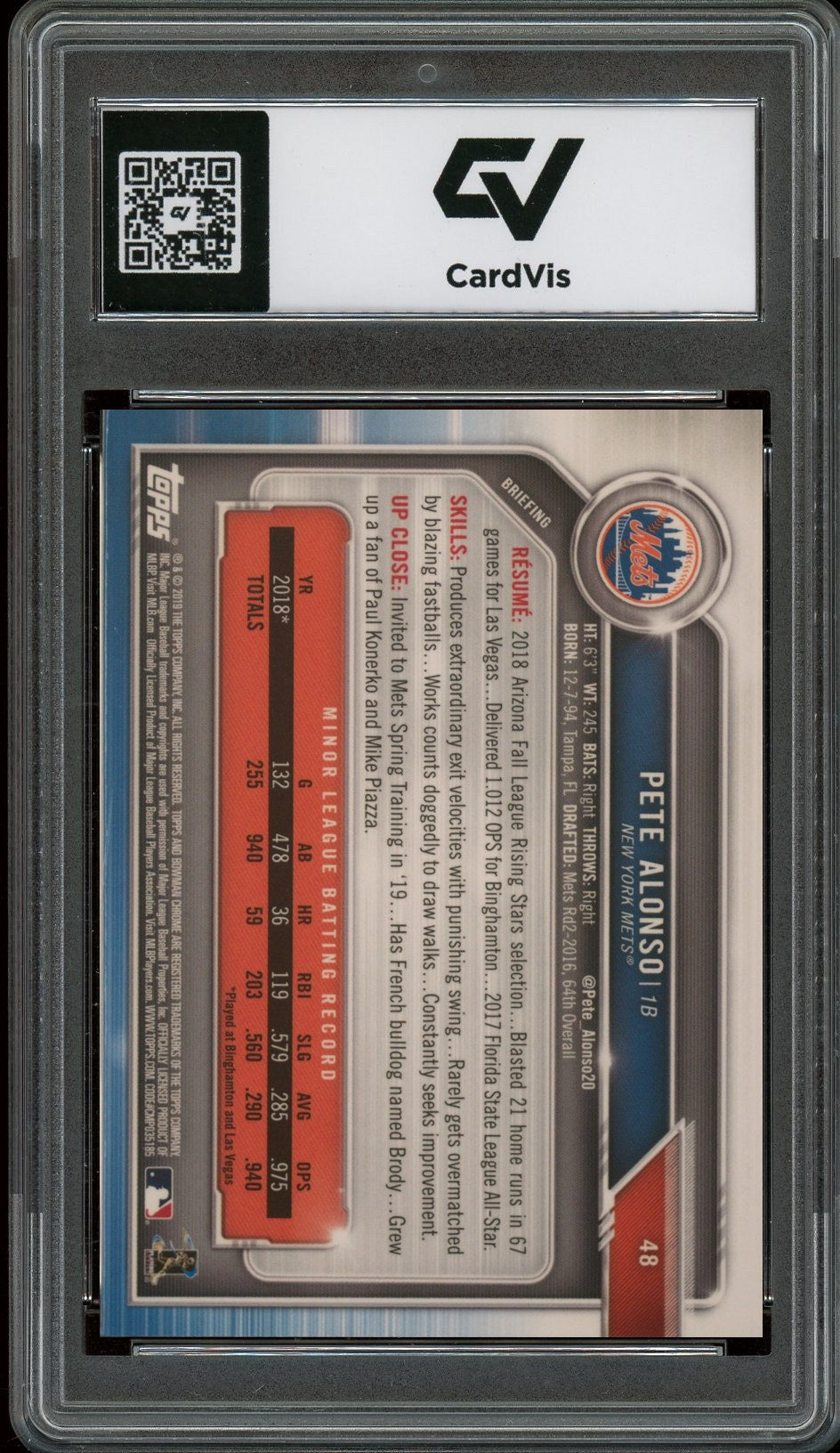 2019 Bowman Chrome #48 Pete Alonso Rookie Card RC Graded 10 Gem Mint - Back