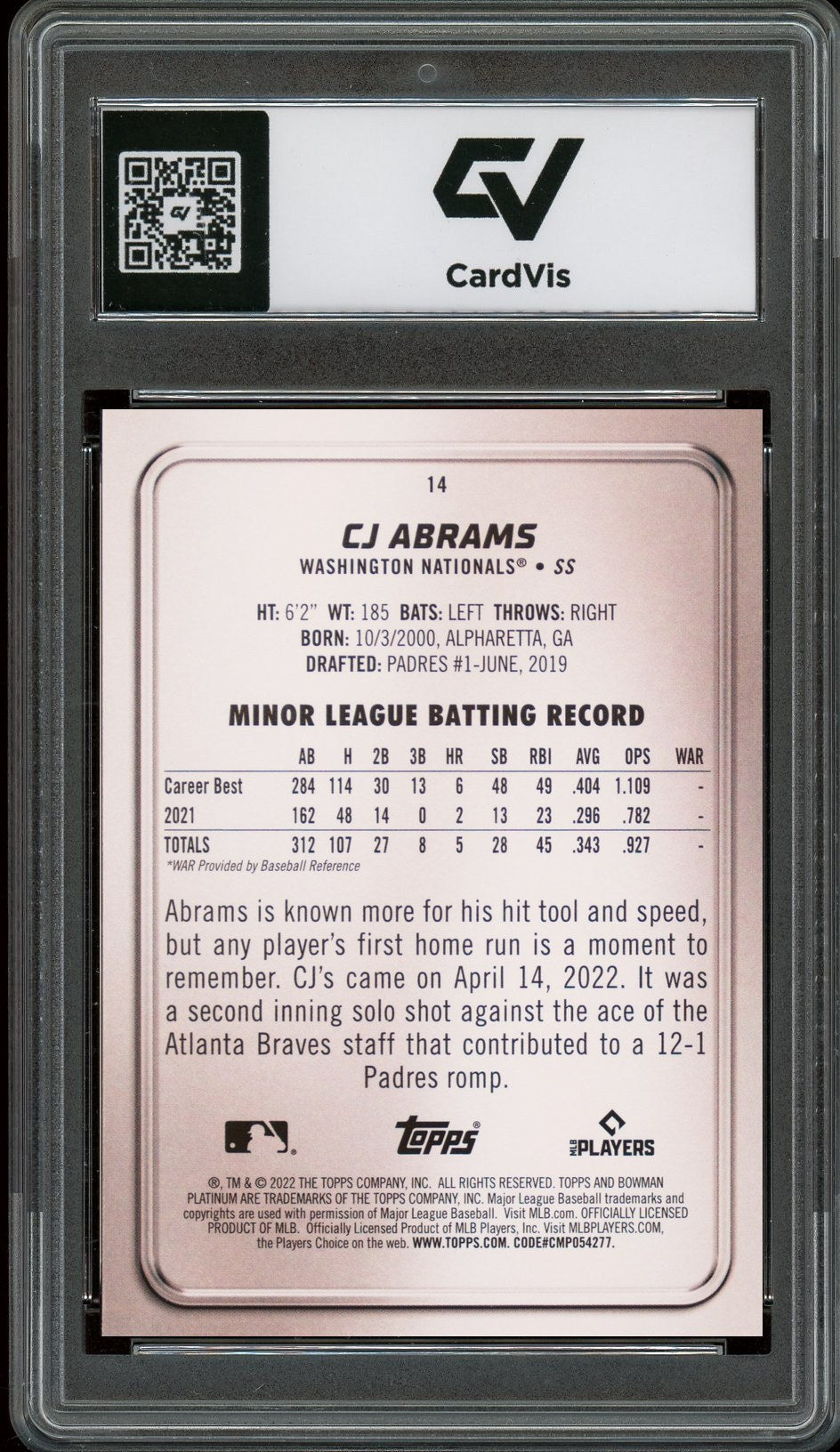 2022 Bowman Platinum #14 CJ Abrams Rookie Card RC Graded 10 Gem Mint - Back