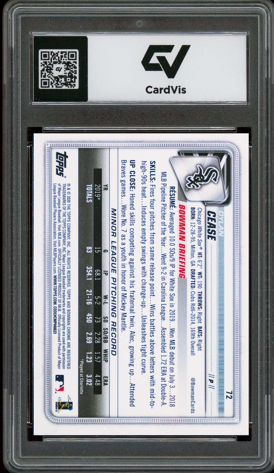 2020 Bowman Chrome #72 Dylan Cease Rookie Card RC Graded 10 Gem Mint - Back