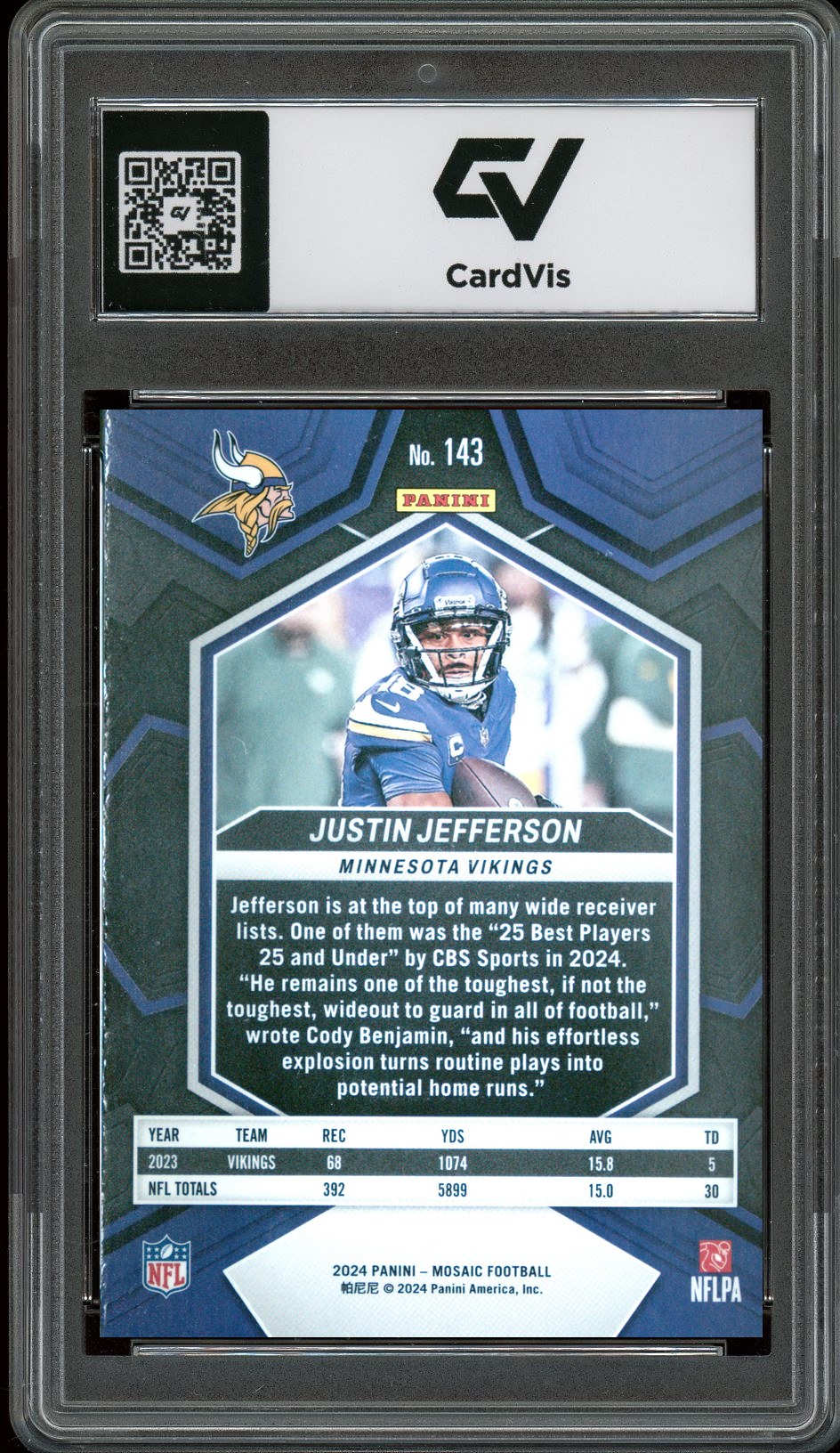2024 Panini Mosaic #143 Justin Jefferson Graded 10 Gem Mint - Back