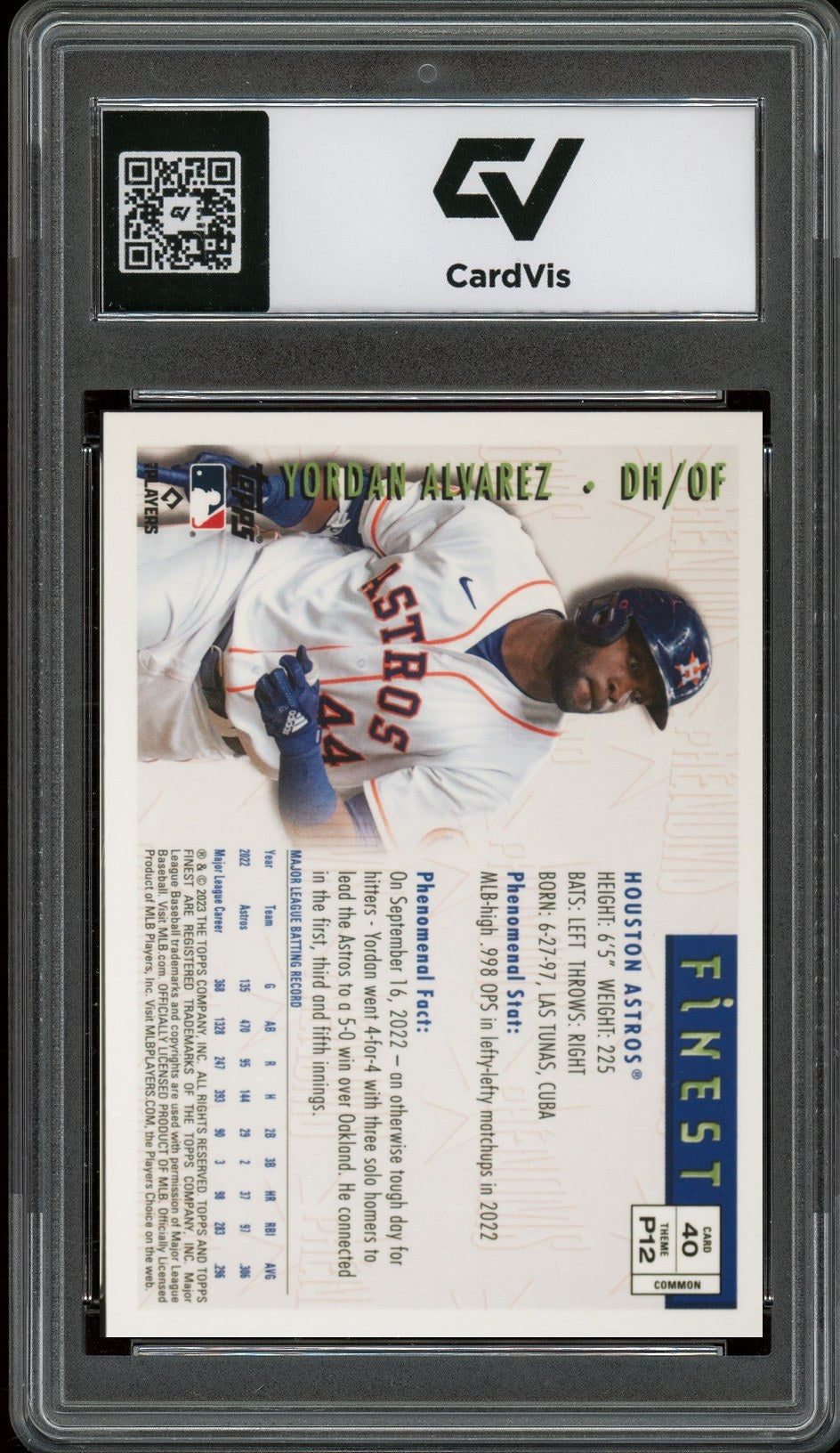 2023 Topps Finest #40 Yordan Alvarez Flashbacks Graded 10 Gem Mint - Back