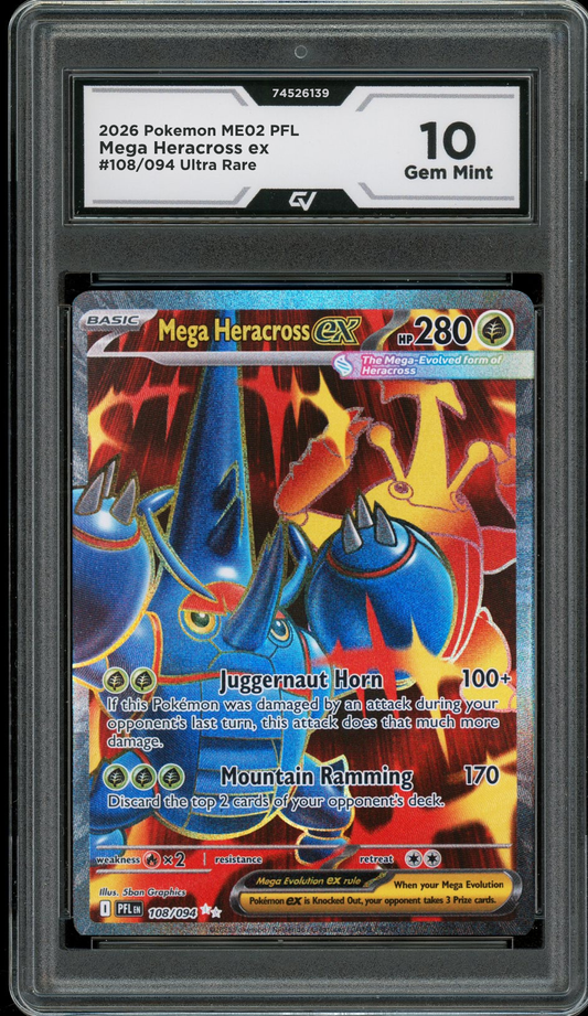 2026 Pokemon ME02 Phantasmal Flames #108/094 Mega Heracross EX Ultra Rare Graded 10 Gem Mint