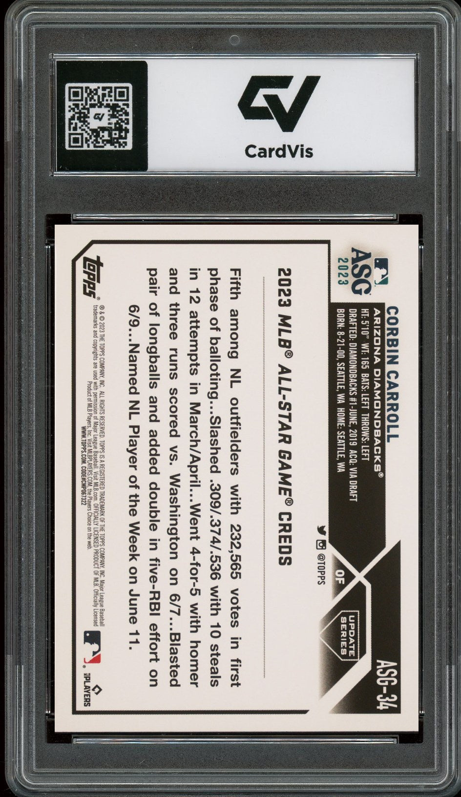 2023 Topps Update #ASG-34 Corbin Carroll All-Star Game Rookie Card RC Graded 10 Gem Mint - Back