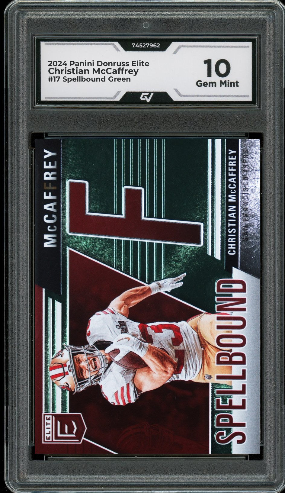 2024 Panini Donruss Elite #17 Christian McCaffrey Spellbound Green Graded 10 Gem Mint - Front