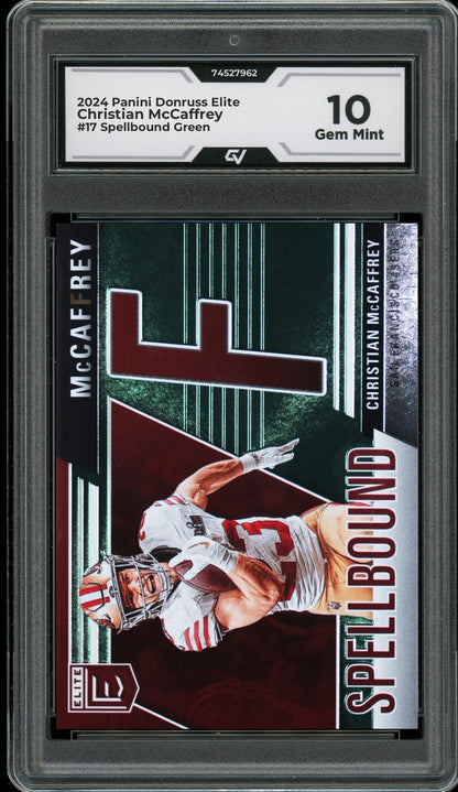 2024 Panini Donruss Elite #17 Christian McCaffrey Spellbound Green Graded 10 Gem Mint - Front