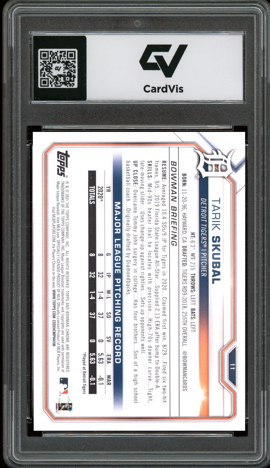 2021 Bowman #11 Tarik Skubal Rookie Card RC Graded 10 Gem Mint - Back