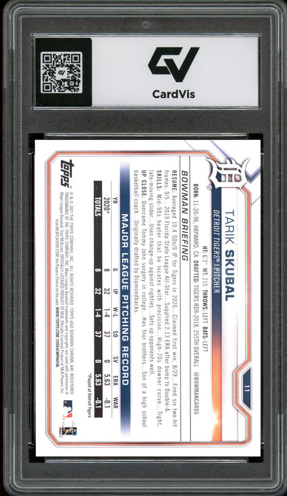 2021 Bowman #11 Tarik Skubal Rookie Card RC Graded 10 Gem Mint - Back