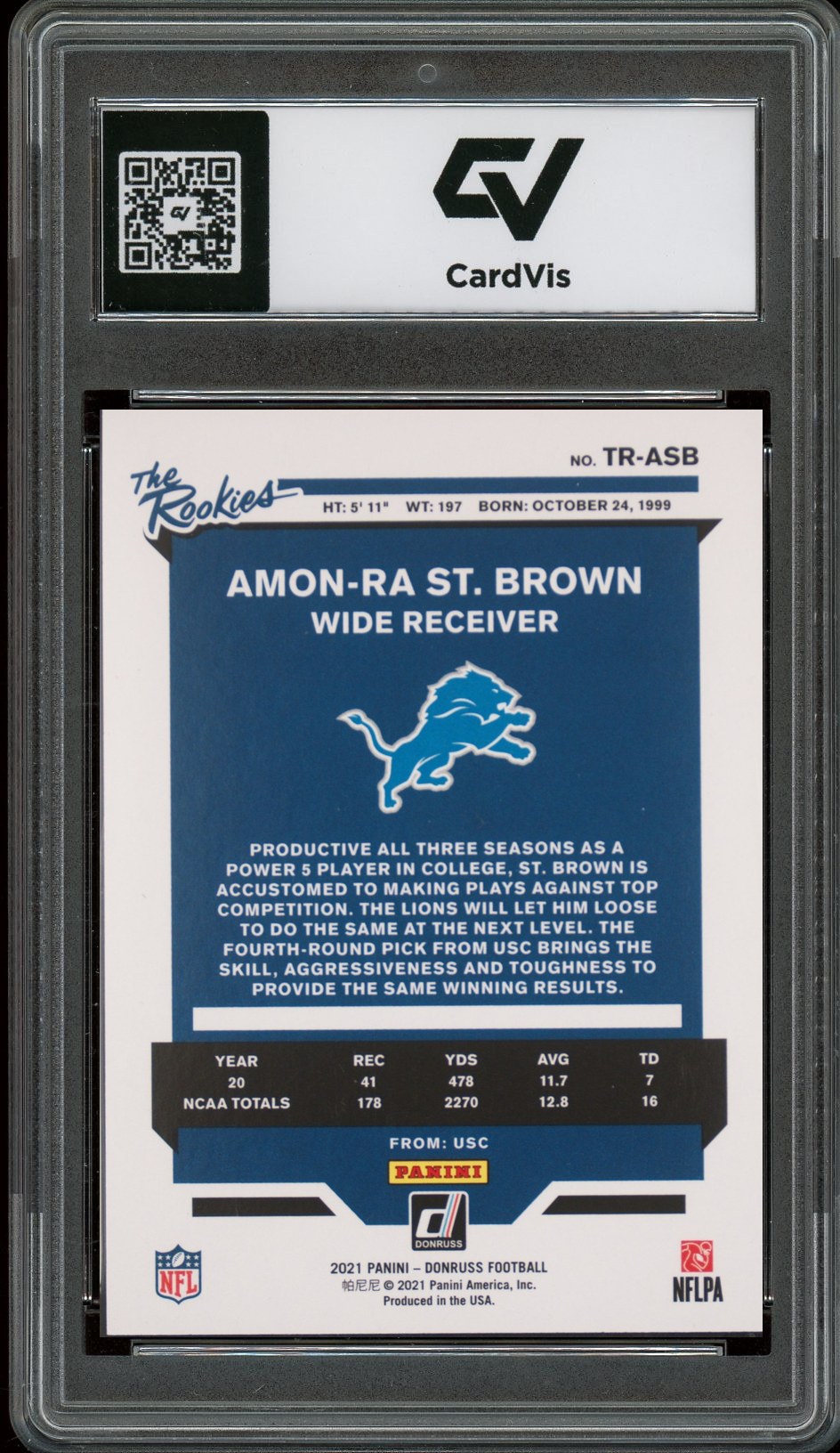 2021 Panini Donruss #TR-ASB Amon-Ra St. Brown The Rookies Rookie Card RC Graded 10 Gem Mint - Back