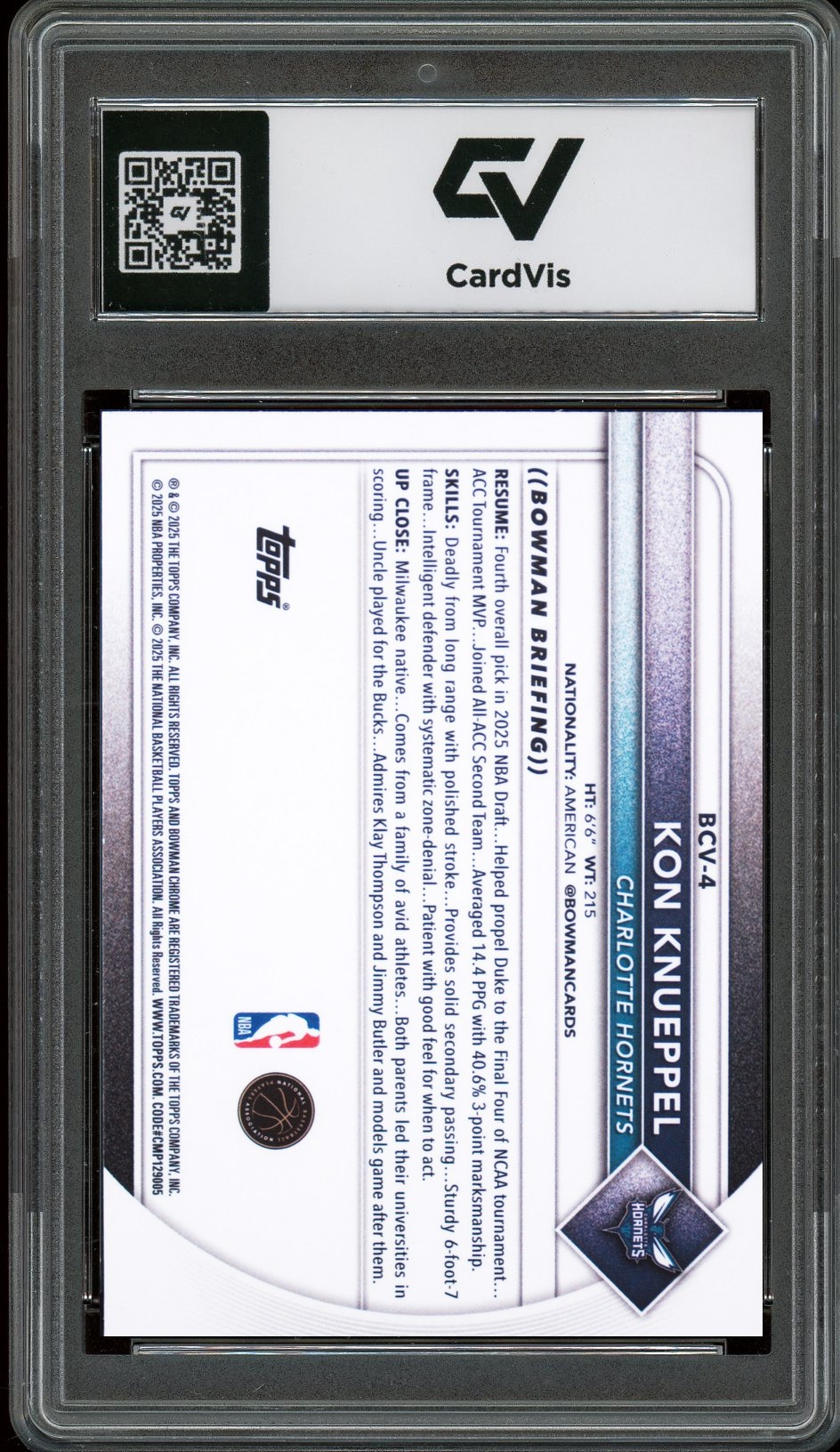 2025 Bowman Chrome #BCV-4 Kon Knueppel Rookie Card RC Graded 10 Gem Mint - Back