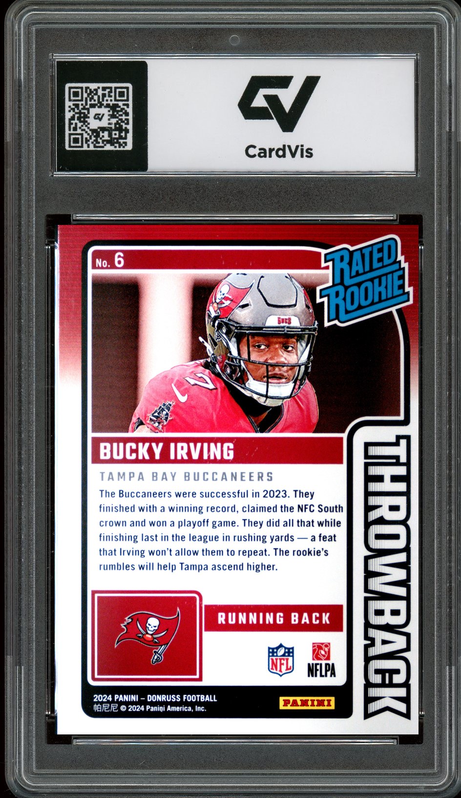 2024 Panini Donruss #6 Bucky Irving Rated Rookies Throwback Rookie Card RC Graded 10 Gem Mint - Back