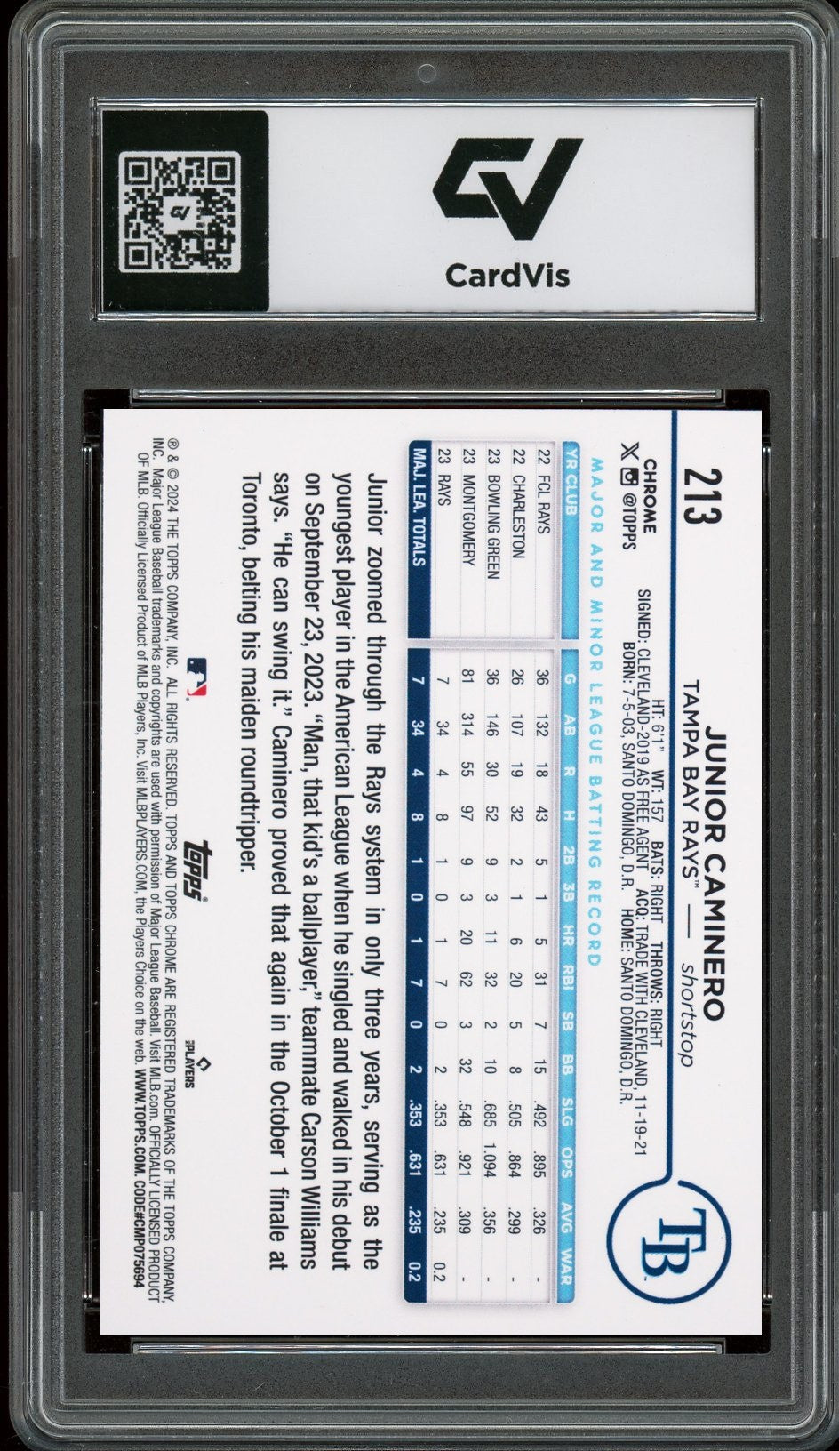 2024 Topps Chrome #213 Junior Caminero Rookie Card RC Graded 10 Gem Mint - Back