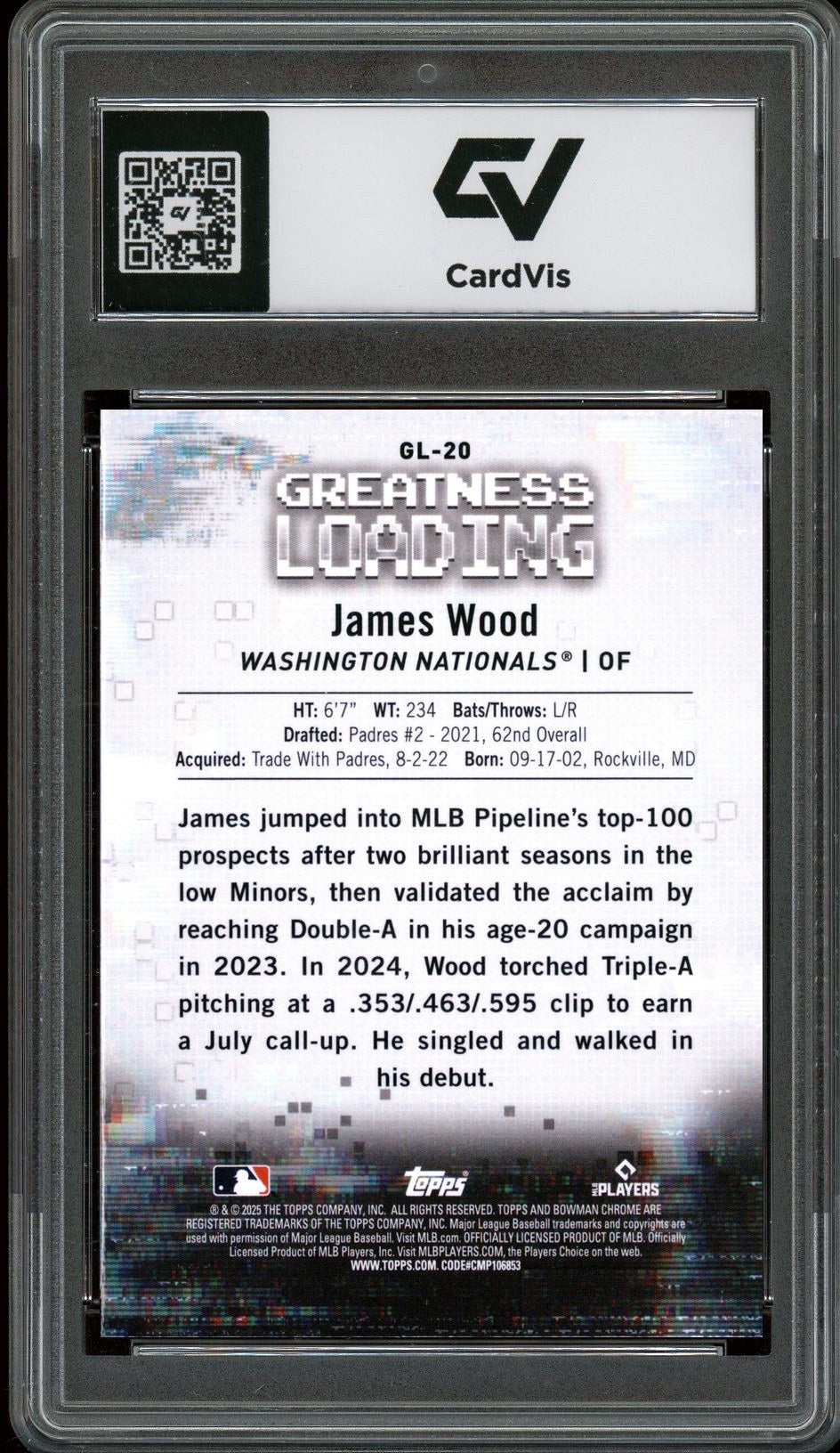 2025 Bowman Greatness #GL-20 James Wood Greatness Loading Rookie Card RC Graded 10 Gem Mint - Back
