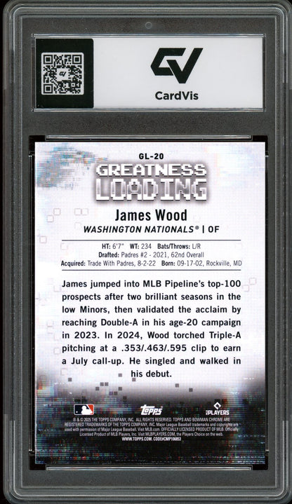 2025 Bowman Greatness #GL-20 James Wood Greatness Loading Rookie Card RC Graded 10 Gem Mint - Back