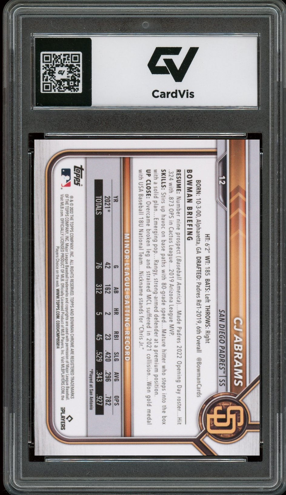 2022 Bowman Chrome #12 CJ Abrams Rookie Card RC Graded 10 Gem Mint - Back