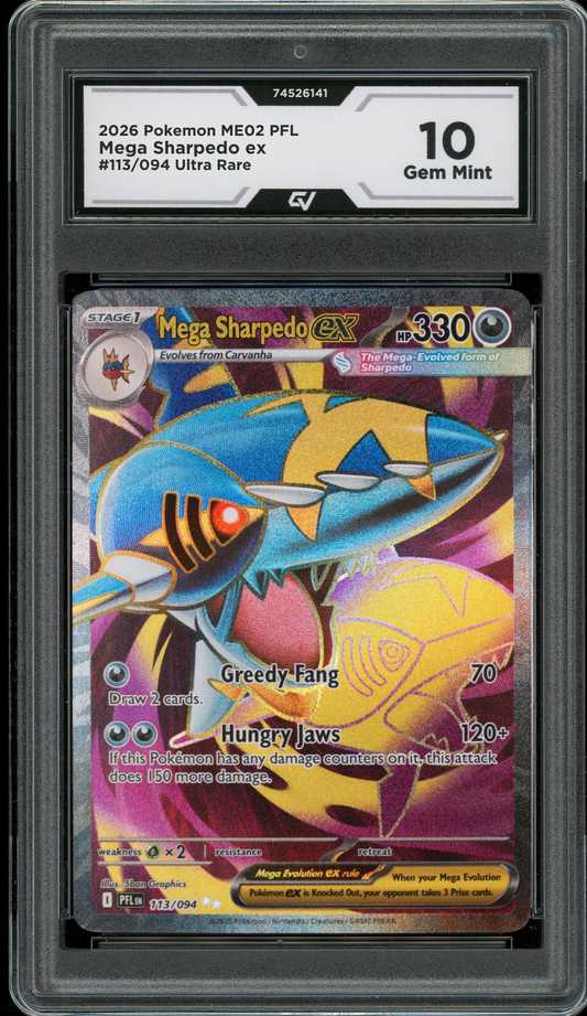 2026 Pokemon ME02 Phantasmal Flames #113/094 Mega Sharpedo EX Ultra Rare Graded 10 Gem Mint