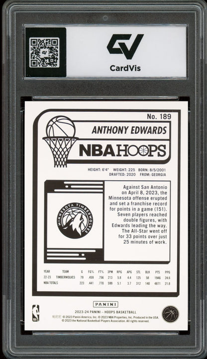 2023 Panini Hoops #189 Anthony Edwards Graded 10 Gem Mint - Back