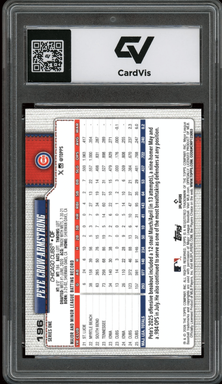 2026 Topps #196 Pete Crow-Armstrong Graded 10 Gem Mint